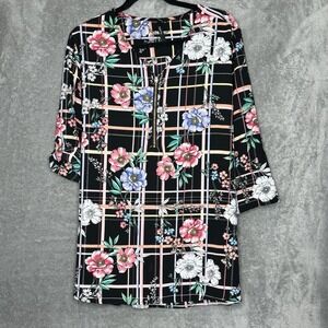 Cathy XL Top Shirt Black Plaid Floral Flower Tab 3/4 Sleeve Zip V Neck Stretch